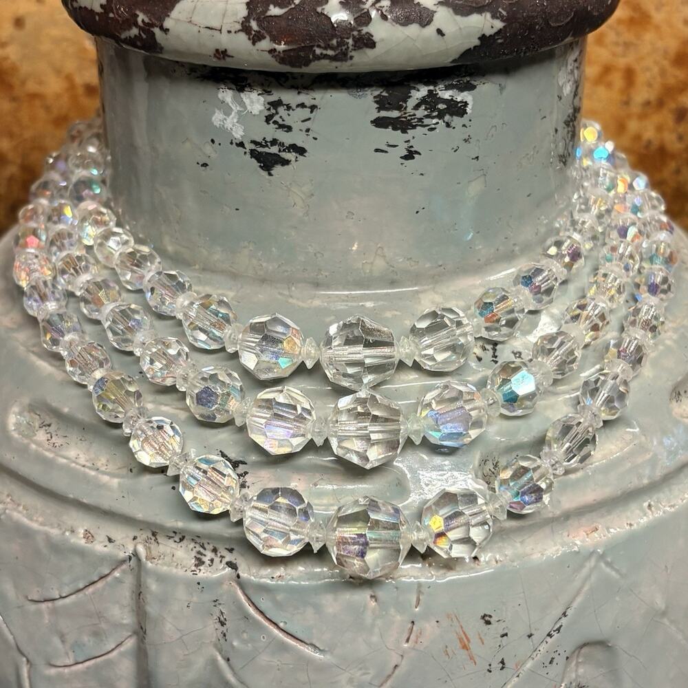 Vintage Aurora Borealis Crystal 3 Strand Necklace Graduating Faceted Beads